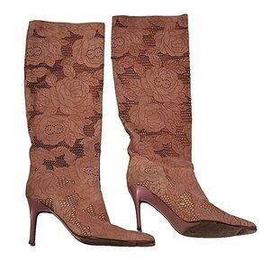 vintage ESCADA size 10 40 Knee High Boots Perforated Pink Suede Leather Italy